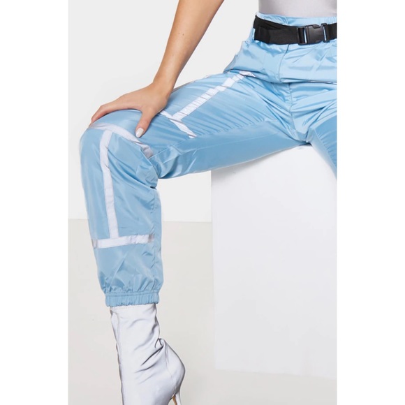 Dusty Blue Shell Reflective Tape Belt Detail Joggers Parachute Pants - Picture 4 of 5